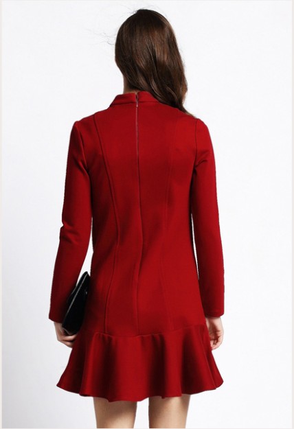 F2486-1 Red High Neck Ruffle Long Sleeve Flounce Hem Dress